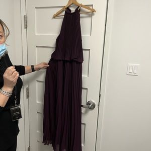 Burgundy maxi mesh dress gold necklace